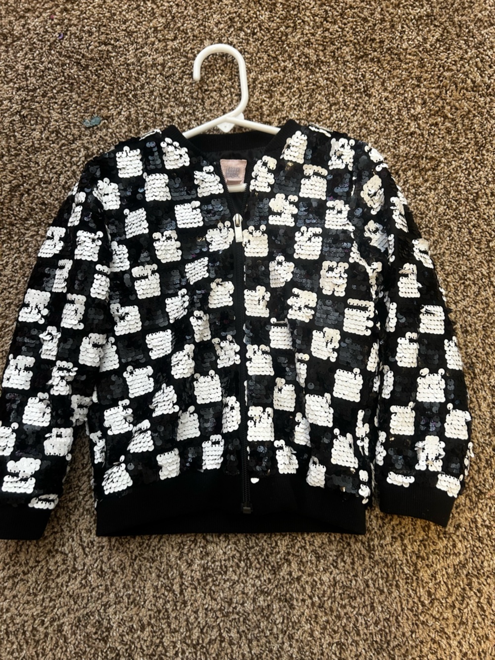 Black & White Sequin Checker Bomber Jacket - Zip Front